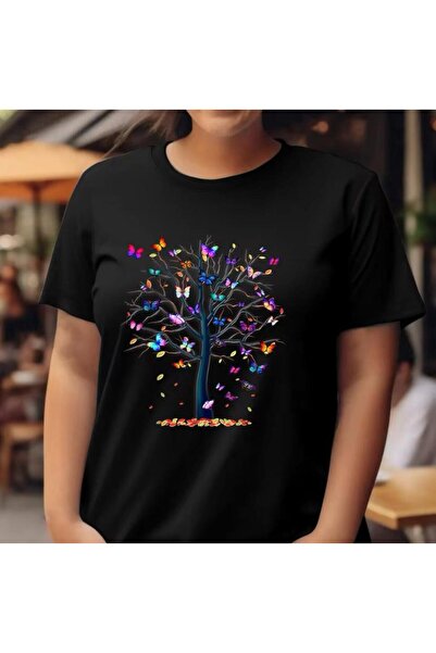 caddekombin تي شيرت نسائي من القطن الممشط برقبة دائرية ومطبوع عليه شجرة الفرا...