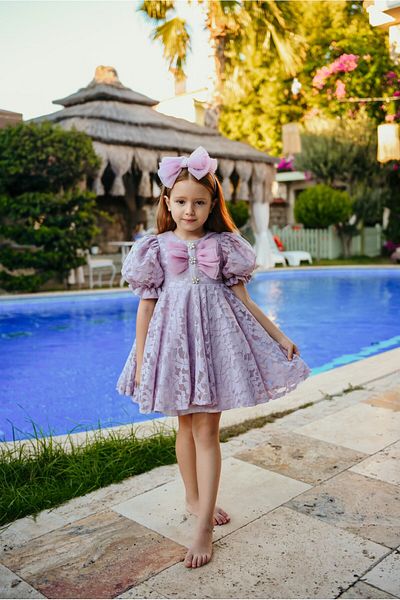 Mialora Bow and Puffy Sleeves Princess Model Lace Embroidered Children's Evening Dress_M2450
