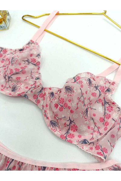 La Linaa Set de sutien chiloți tanga cu imprimeu floral roz Jasmin