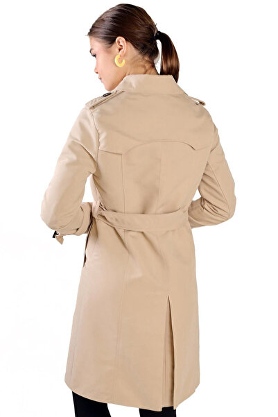 MissThetis Çentikli Kruvaze Ceket Yaka Cepli Uzun Kol Kuşaklı Astarlı Apoletli Düğmeli Cool Midi Boy Trençkot