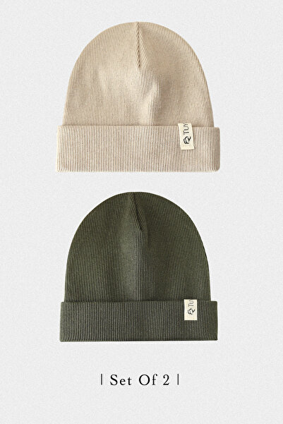 Doğan Collection 2 Pieces Ribana Beige and Khaki Beanie Set