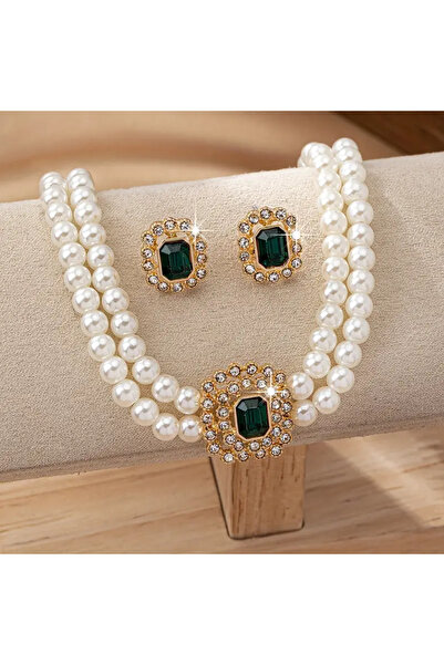 JELLYWEAR Luxurious Elegan Double Rows Pearls Set Jade Stone Accent Bracelet & Earrings, Acrylic Daily Wear