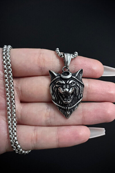 Jaida Moda Gümüş Gotik Kurt Figürlü Örme Çelik Zincir Kolye