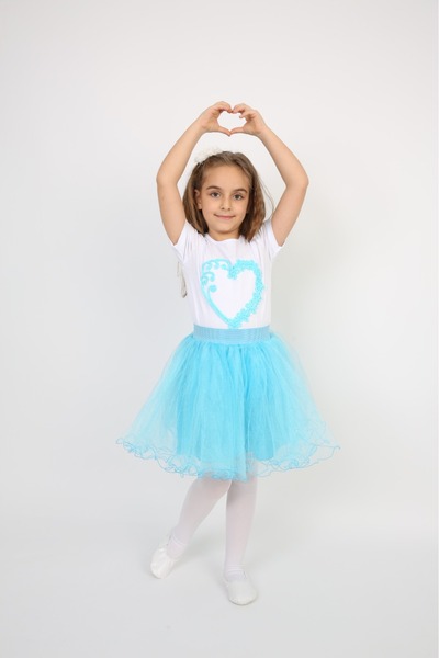 Dıgıl Kids Turkuaz Tütü Etek/ Kalp Desenli T-shırt Kız Çocuk Alt-üst Takım 23...