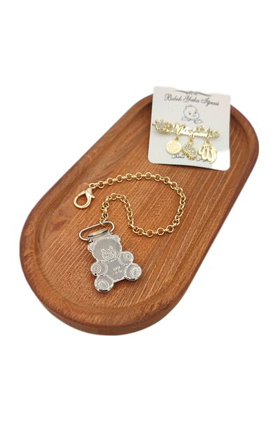Sahi Aksesuar Silver Bear Clip Baby Pacifier Chain and Baby Collar Pin Set - Pacifier Strap Bezyi1700