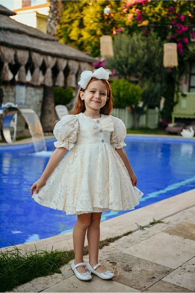 Mialora Bow and Puffy Sleeves Princess Model Lace Embroidered Children's Evening Dress_M2450