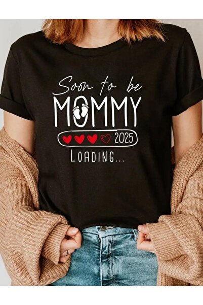 caddekombin Mommy Printed Women's Cotton Combed Crew Neck Black T-Shirt