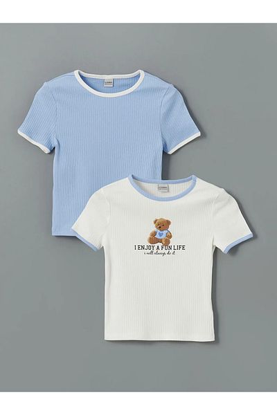LC Waikiki Lcw Kids Ecru Crew Neck Bear Teddy Printed Girls' Crop T-Shirt 2-Piece