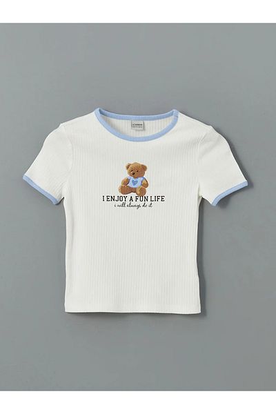 LC Waikiki Lcw Kids Ecru Crew Neck Bear Teddy Printed Girls' Crop T-Shirt 2-Piece
