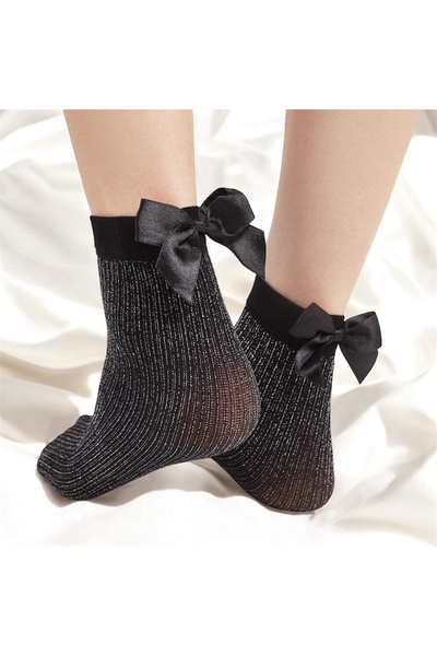Butik Leo Socks Siyah Simli Kurdeleli Çorap