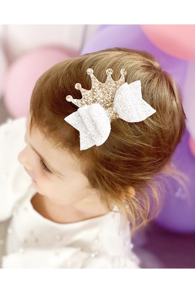 Sahici Anne Beyaz- Gold Glittery Taçlı Fiyonk Doğum günü Prenses Klipsli Çocu...