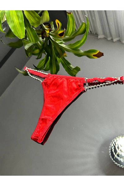 RUKOD Women's Red Seamless Shiny Stone Detailed New Year's Panties, Sexy Lingerie String Thong Bikini
