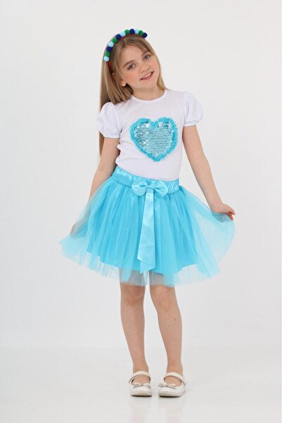 Dıgıl Kids Turkuaz Tütü Etek Kalpli Tişört Kız Çocuk Alt-üst Takım 23 Nisan G...