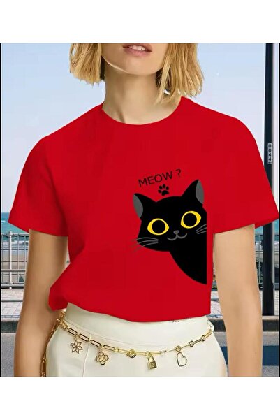 caddekombin Tricou roșu pentru femei, din bumbac pieptănat, cu decolteu rotun...
