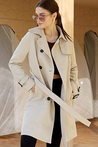 MissThetis Çentikli Kruvaze Ceket Yaka Cepli Uzun Kol Kuşaklı Astarlı Apoletli Düğmeli Cool Midi Boy Trençkot