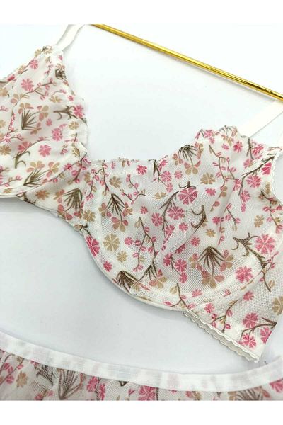 La Linaa Jasmin White Floral Print Thong Panty Bra Set