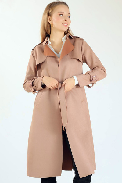 MissThetis Çentikli Kruvaze Ceket Yakalı Cepli Uzun Kol Kuşaklı Astarsız Şık ve Cool Midi Boy Süet Trençkot