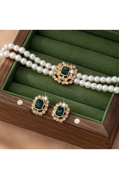 JELLYWEAR Luxurious Elegan Double Rows Pearls Set Jade Stone Accent Bracelet & Earrings, Acrylic Daily Wear