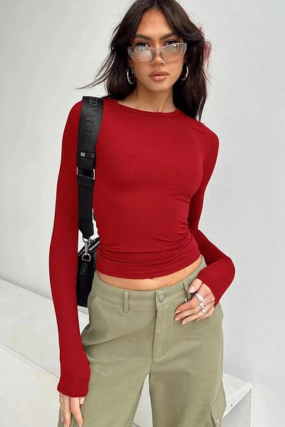 Tutku Elit Women's Burgundy Long Sleeve Zero Comfortable Lapel Micro Soft Fabric Women's Bodysuit