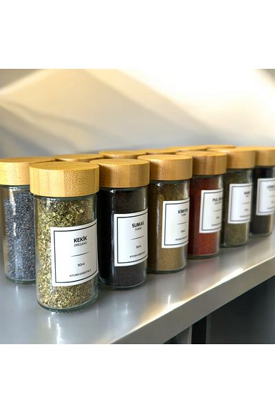 vanilinkitchen Tohana Set of 12 Glass Round Spices with Bamboo Lid and Sticker Gift