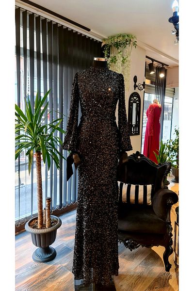 makbuleofficial Black Sequin Fabric Hijab Fish Dress