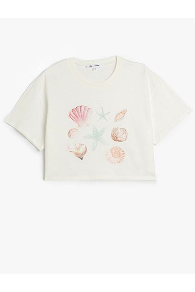 Koton Sea Shell Printed Short Sleeve Crew Neck Crop T-Shirt