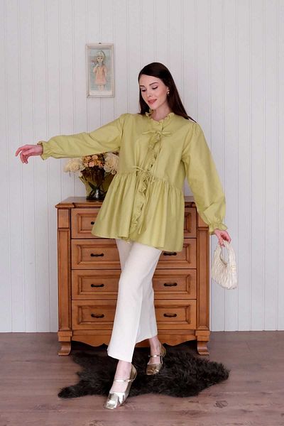 Ceylan Otantik Soft Green Ruffled Tie-Up Tunic & Cream Tube Leg Trousers Set