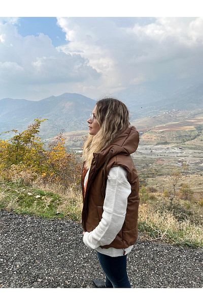 hot fashions Brown Faux Leather Hooded Puff Vest & Sleeveless Puff Coat - Size Max42