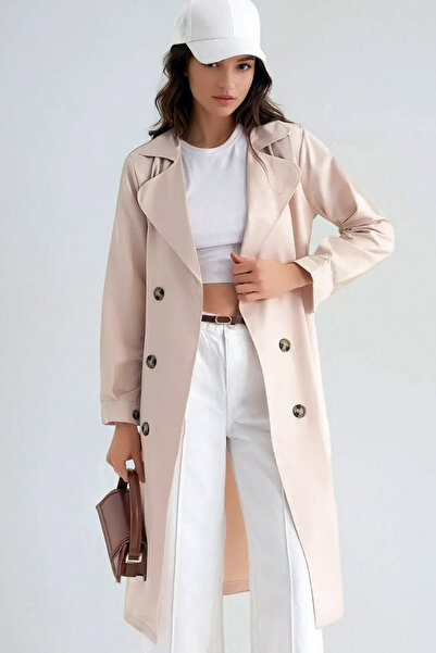 Ottawe Relaxed Fit Kruvaze Yakalı Cepli Uzun Kollu Düğme Kapamalı Kuşaklı Astarsız Midi Boy Trençkot