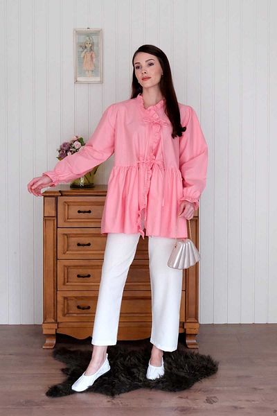 Ceylan Otantik Coral Pink Ruffled Tie-Up Tunic & White Tube Leg Trousers Set