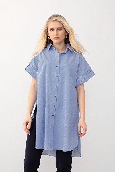 Olcay Blue 9283 - Side Striped Slit Poplin Tunic
