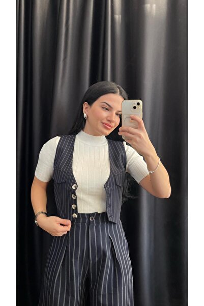 Butik Lacivert çizgili düğmeli yelek