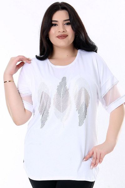 Kheos Flexible and Comfy Lycra Plus Size Blouse - Round Neck, Tulle Stripe, Short Sleeve, Leaf Pattern and Stone Print