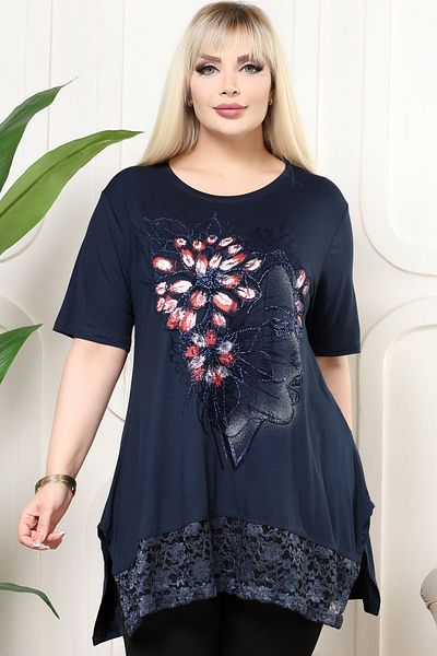 Kheos Flower Print Asymmetrical Round Neck Stone Embroidered Flowy Short Sleeve Blouse with Lace Skirt Slit