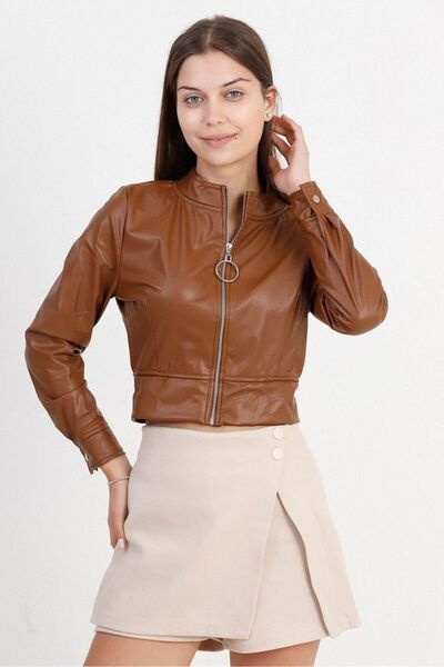 Caddebostan Moda Tan Women's Leather Crop Jacket with Ring Detail