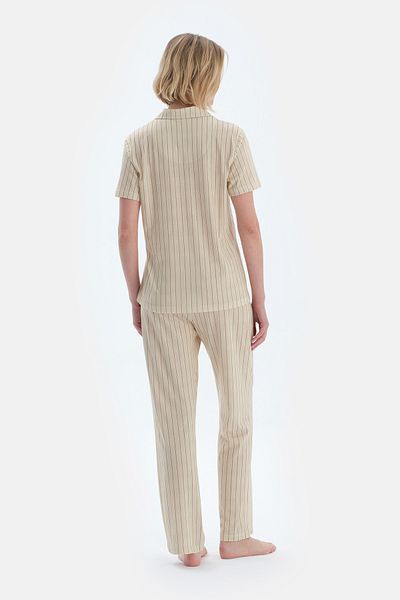 Dagi Green Striped Embroidery Detail Shirt Pants Pajamas Set
