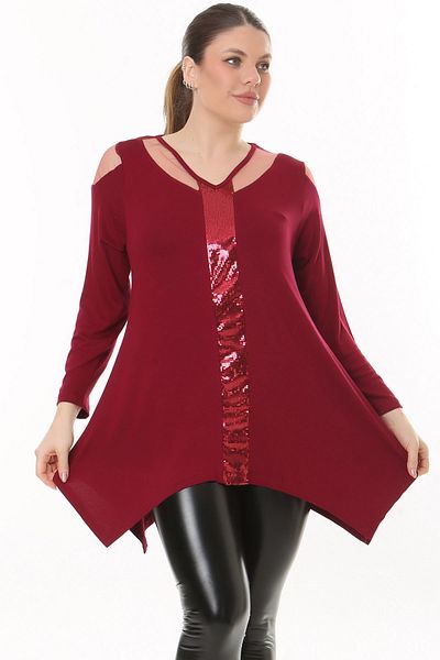 Kheos Special Design Long Loose Comfortable Flowing Tunic with Sequin Shoulder Low Cut on the Front