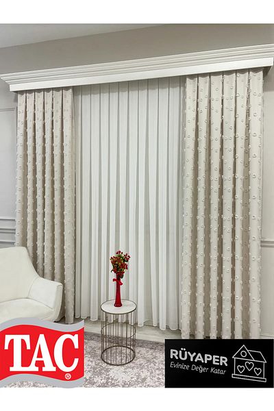 Taç Dream Ecru Color Pompom Pufy Background Curtain 1/3 Sik Pleat