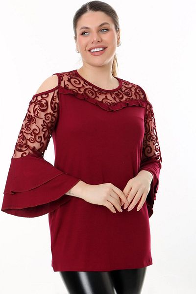 Kheos Flounce Sleeve Comfortable Flowy Lace Detailed Style And Cool Blouse