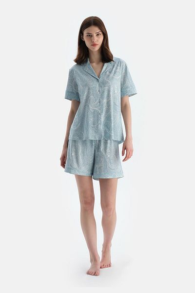 Dagi Set de pijamale, cămașă modal din bumbac pieptănat cu model șal albastru deschis