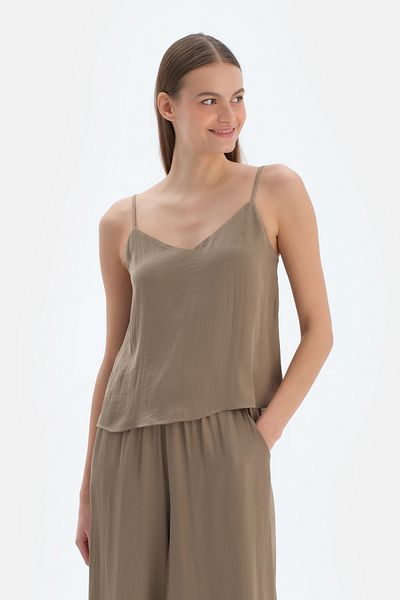 Dagi Khaki Accessory Detailed Satin Tank Top