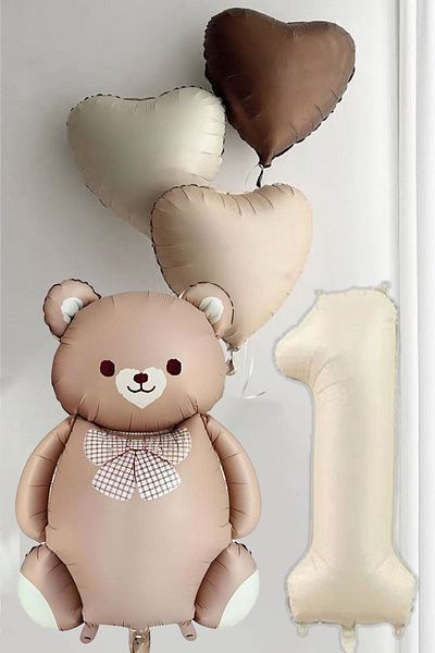 Atölye Mi 1St Birthday Caramel Balloon Set with Bowtie Bear and 3 Retro Heart Balloons