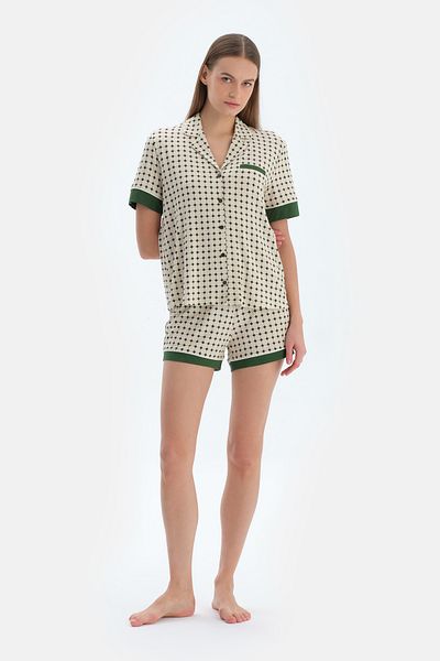 Dagi Ecru Geometric Patterned Shirt Shorts Pajama Set