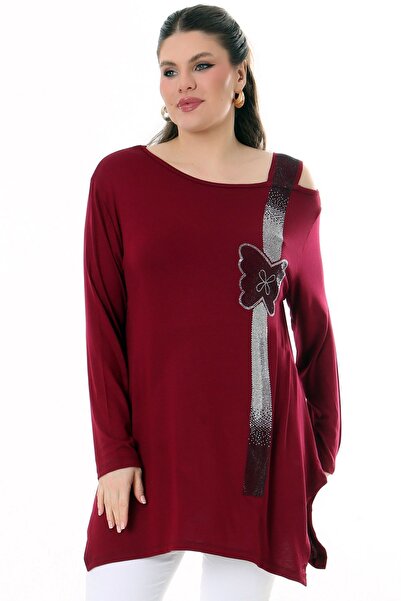 Kheos Single Shoulder Low-cut Round Neck Butterfly Stone Embroidered Side Slit Flexible Flowy and Comfortable Blouse