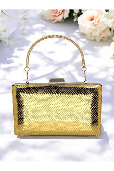 Ahenk Design Gold Color Herringbone Pattern Metal Handle Shiny Patent Leather Women's Evening Dress Bag Wedding Engagement