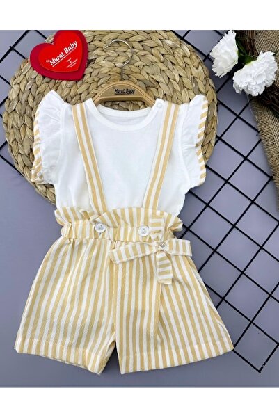 cacobutik Striped Sleeves Frilly Textured Crepe Fabric Baby Girl Salopet Set