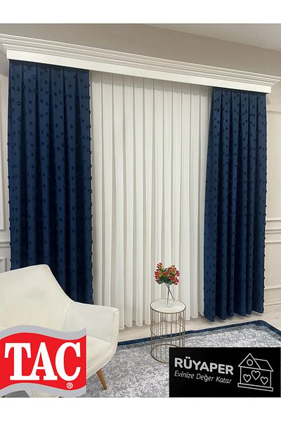 Taç Rüyaper Navy Blue Color Pompom Pufy Background Curtain 1/3 Sik Pleat