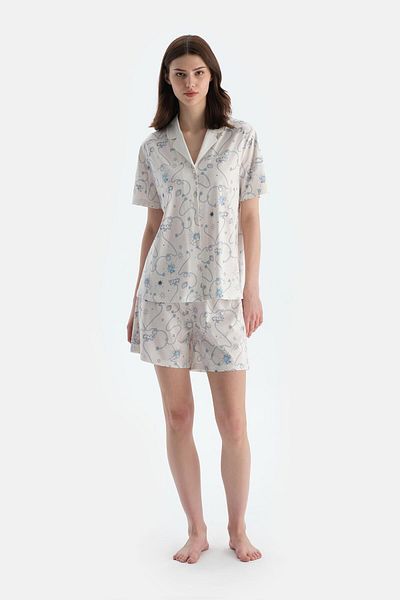 Dagi Ecru Meterage Printed Combed Cotton Modal Shirt Shorts Pajama Set