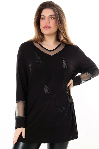Kheos V-neck Stone Embroidered Comfortable and Flowy Fit Long Sleeve Plus Size Blouse with Tulle Detail on Collar and Sleeve