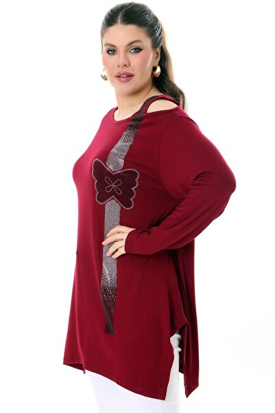 Kheos Single Shoulder Low-cut Round Neck Butterfly Stone Embroidered Side Slit Flexible Flowy and Comfortable Blouse